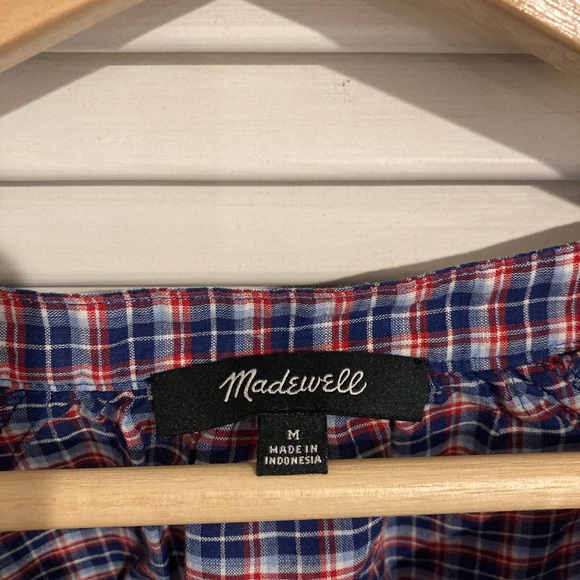 Madewell Tie Sleeve Plaid Long Sleeve Shirt Size M in Blue and Red - Picture 4 of 5
